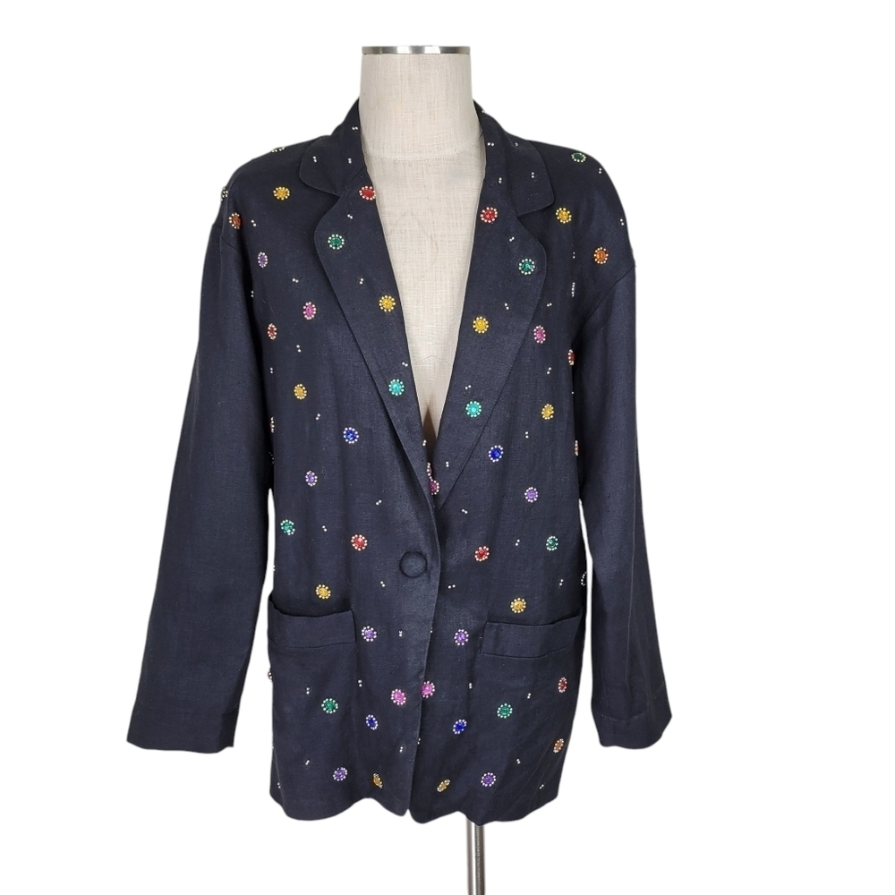 Adam Douglass Adriana Papell Blazer Size S Black Embellished Long Linen 90s Y2K - Picture 3 of 11